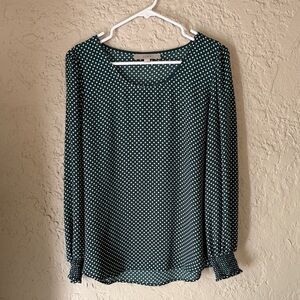 LOFT Dark Green Polka Dot Long-Sleeve Blouse